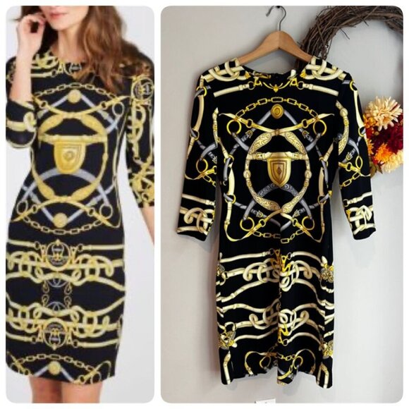 J. Mclaughlin Sophia Catalina Cloth Dress MEDIUM in Cheshire Black Gold - Picture 1 of 11
